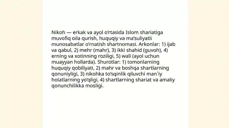 Islom huquqshunosligida oila, nikoh, taloq, idda, zihor tushunchalarini ta'riflash 4