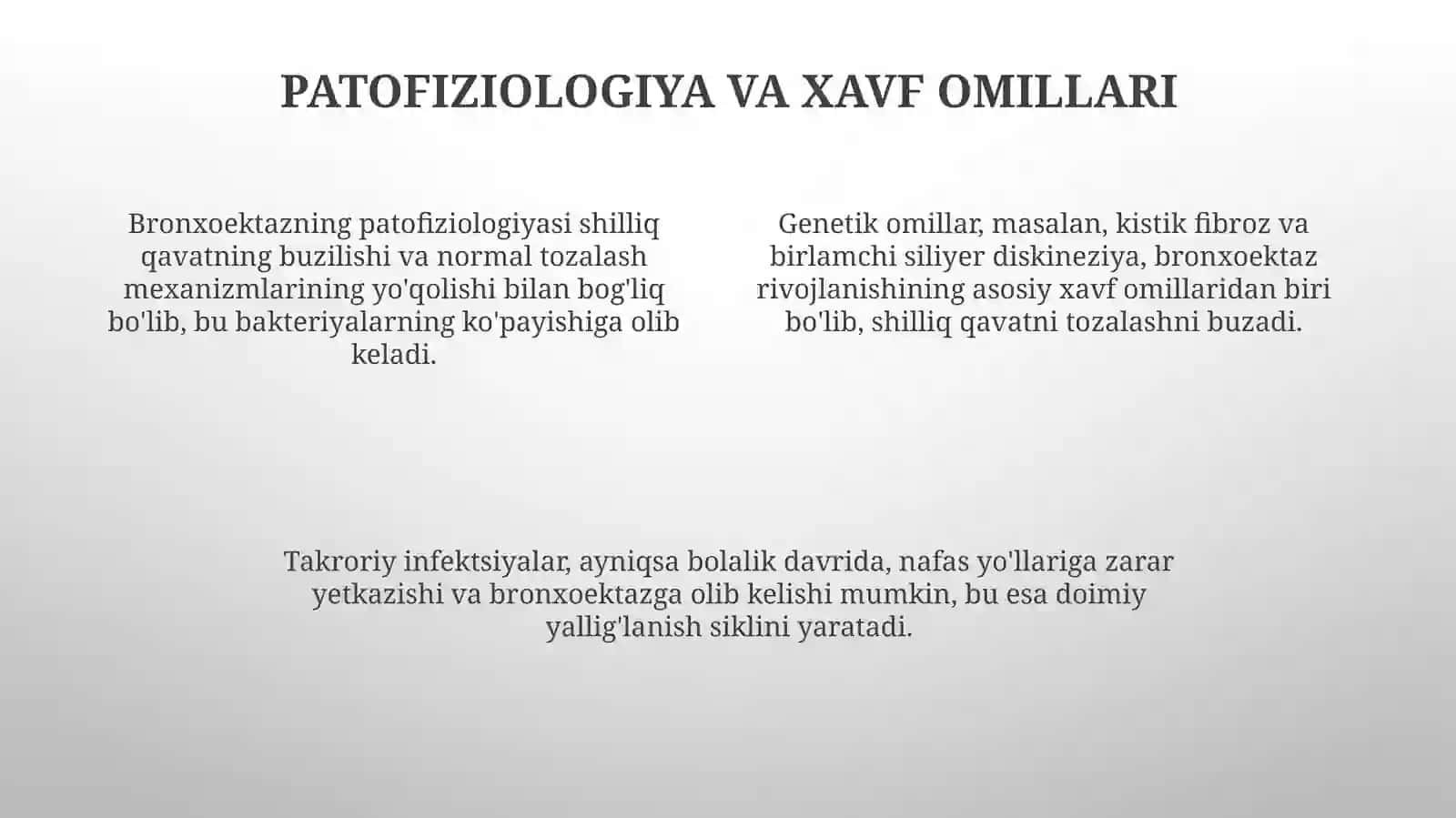 Bronxoektaziya - bu 2 mm dan ortiq kengaygan, doimiy kengaygan bronxlarga xos bo'lgan qaytarilmas o'zgarishlar bilan tavsiflanadigan nafas yo'llarining surunkali kasalligi 4