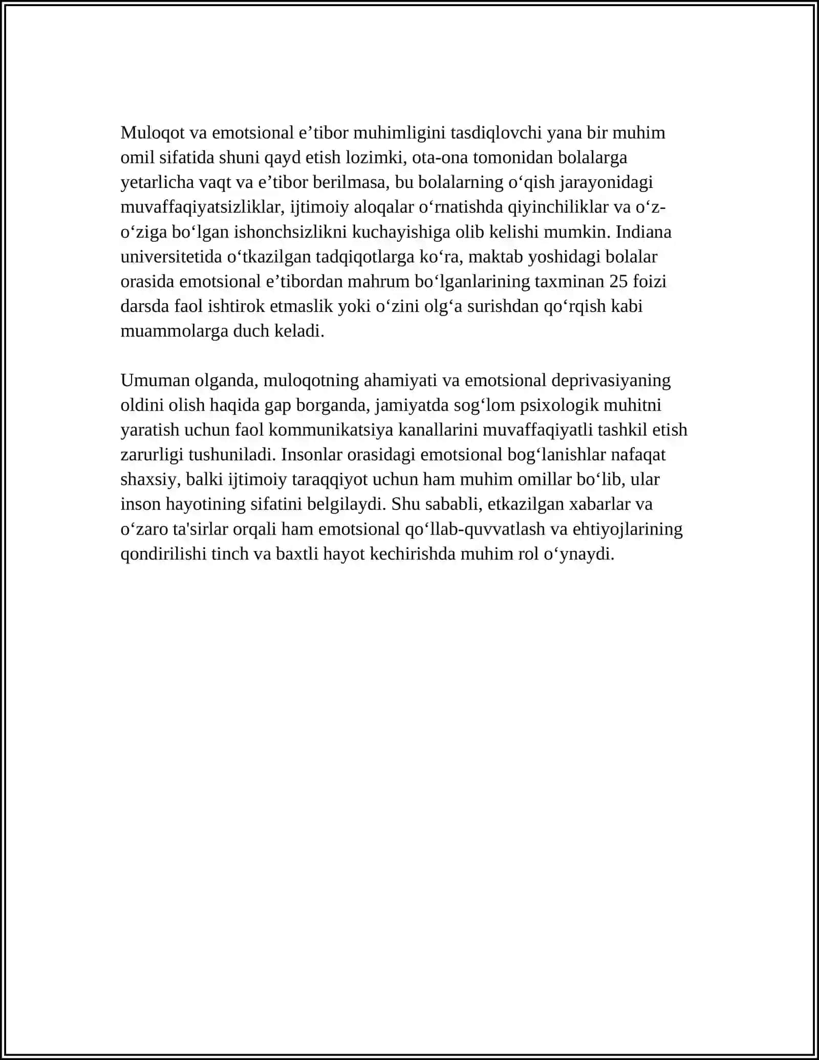 MULOQOTNING AHAMIYATI( EMOTSIONAL DEPRIVATSIYANING SALBIY OQIBATLARI) 4