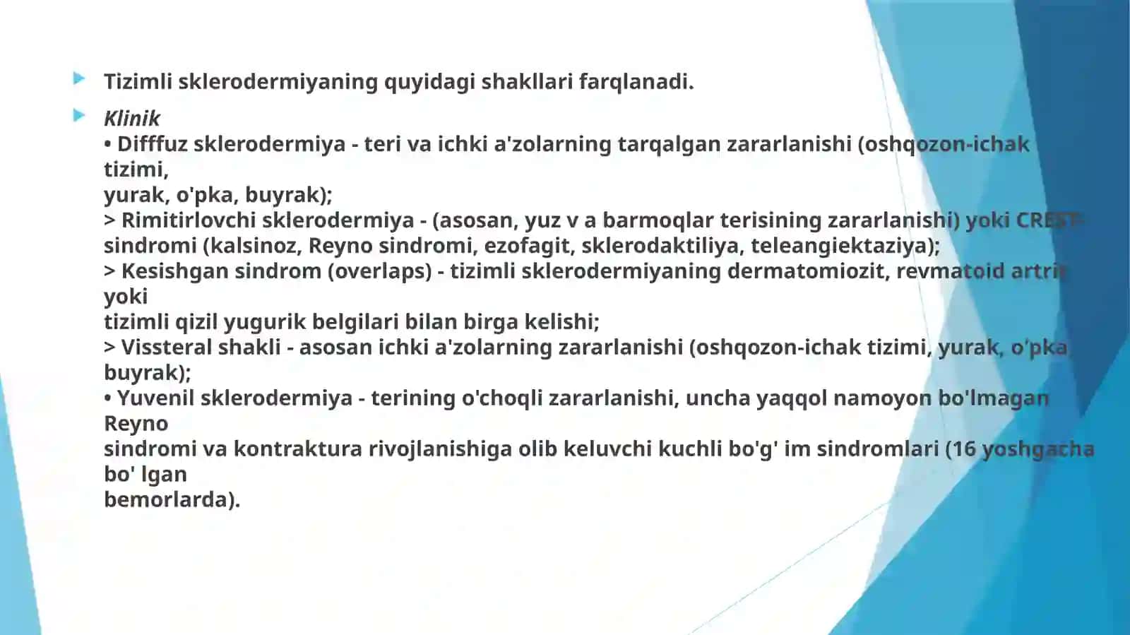 Tizimli sklerodermiya( systemic sclerosis, systemic dermatosis) 4