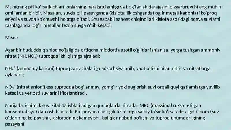 Tuproq va suvning ifloslanishida ion bog'lanishli birikmalarni aniqlab, ulardan tozalash usulini ish 4