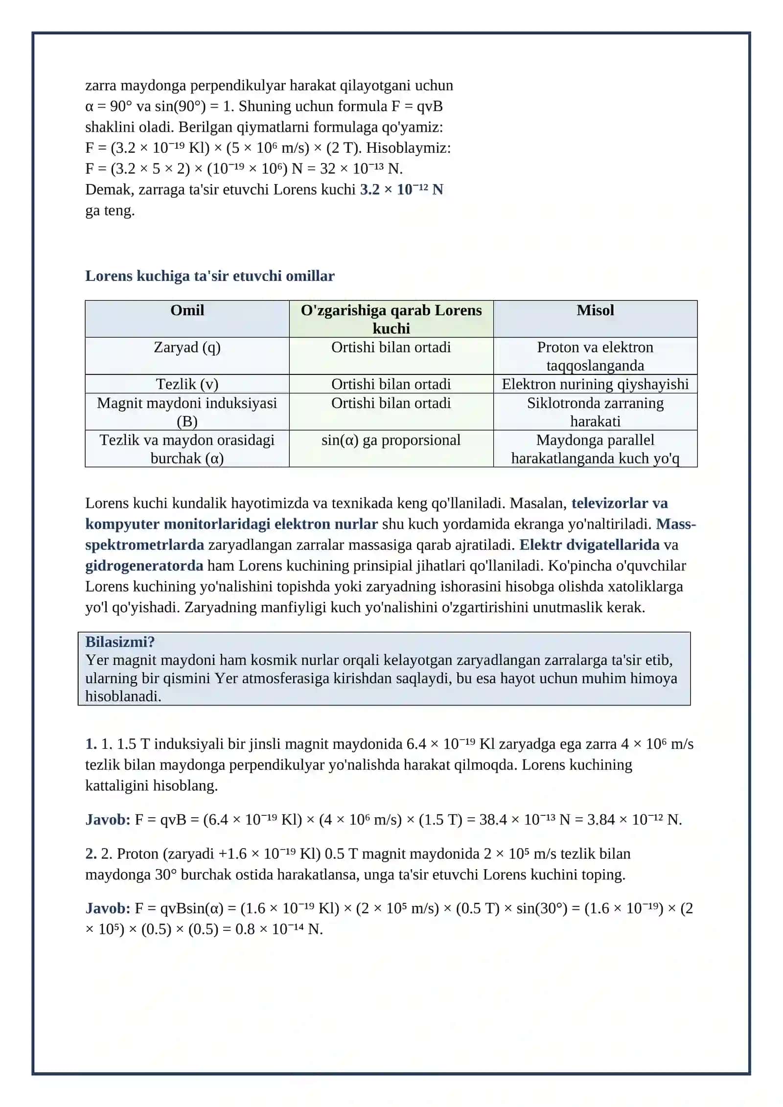 Lesson on Bir jinsli magnit maydonda zaryadli zarraning harakati. Lorens kuchi 4