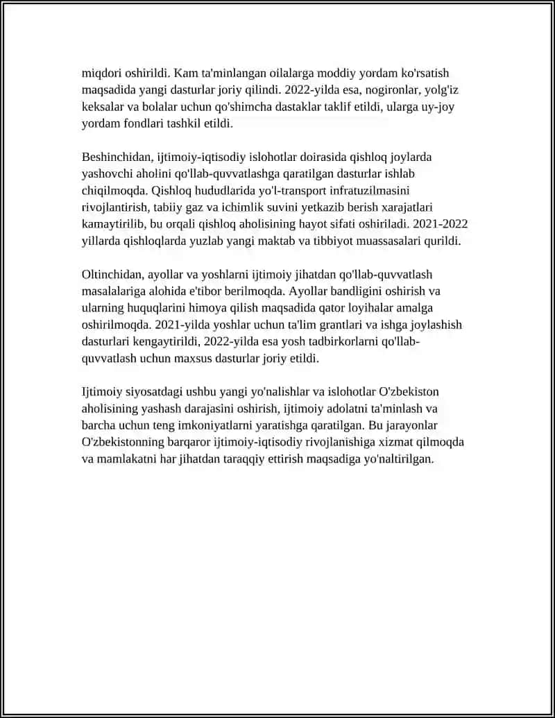 O'ZBEKISTONDA IJTIMOIY SOHADA AMALGA OSHIRILAYOTGAN O'ZGARISHLAR MAZMUN VA MOHIYATI 4