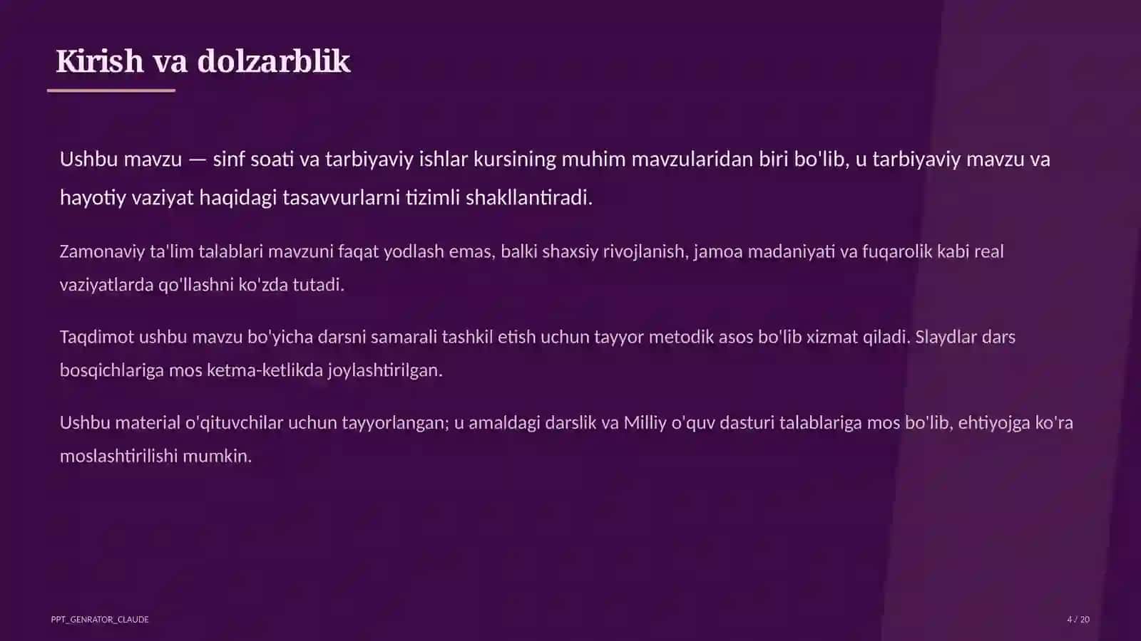 Sinf soati va tarbiyaviy tadbirlar (1-11) - o'qituvchilar uchun 4