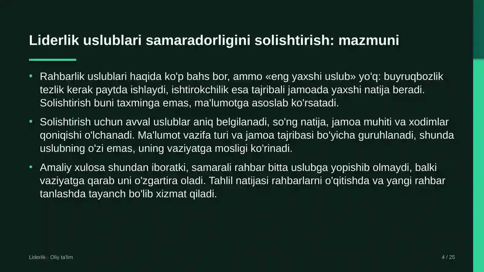 Avtomaktablarda liderlik uslublarining samaradorligini solishtirish 4