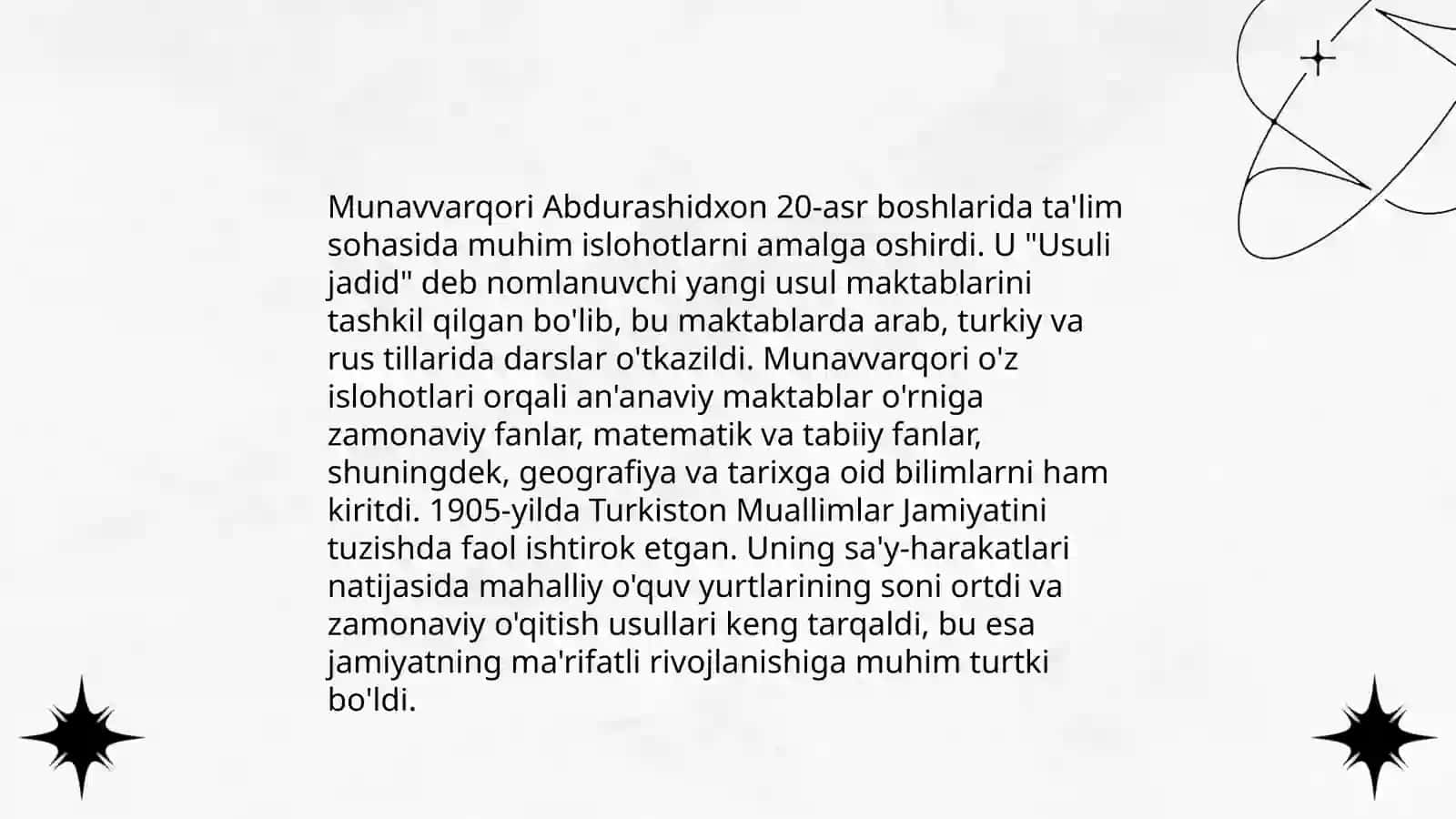 Jadid maʼrifatparvarlarining oʻlkada ijtimoiy-maʼnaviy hayotda tutgan oʻrni( Munavvarqori, Fitrat, Behbudiy, Avloniy ) 4