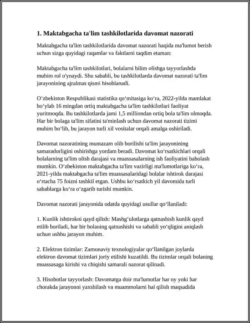 REFERAT Mavzu: MAKTABGACHA TALIM TASHKILOTIDA DAVOMAT DAFTARLARI VA ULARNI YURITILISHI 4