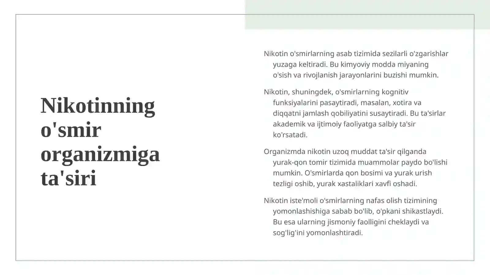 Nikotinizmning o'smirlar va ayollar organizmiga ta'siri 4