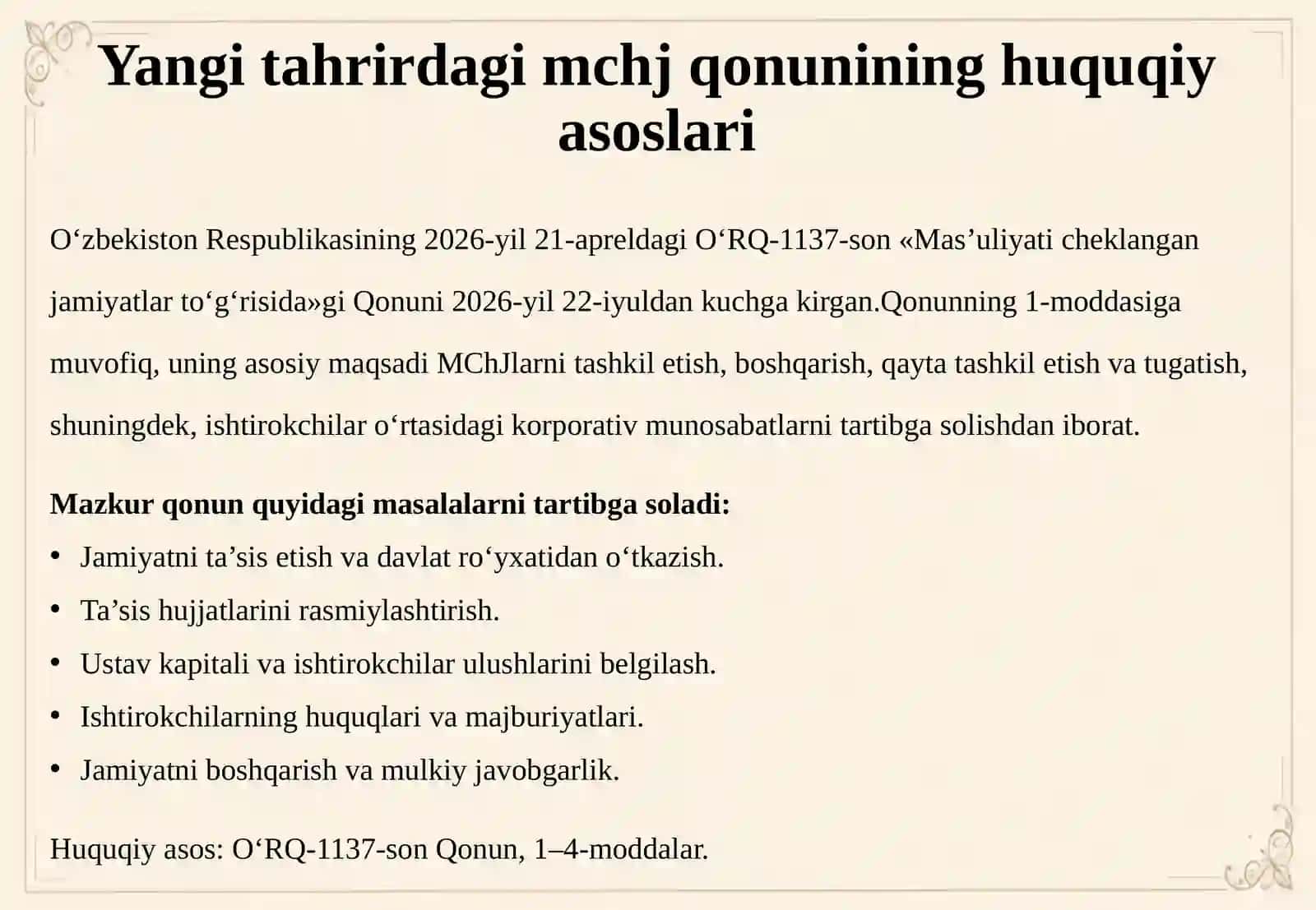 YANGI TAHRIRDAGI MCHJ QONUNI ASOSIDA JAMIYATNI TASHKIL ETISH: TA’SISCHILAR QARORI, USTAV, ULUSHLAR VA DAVLAT RO‘YXATIDAN O‘TKAZISH 4