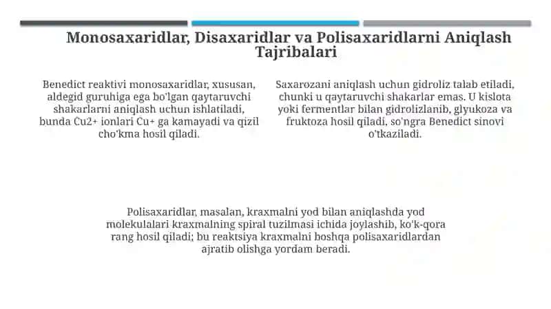 Disaxaridlar, Monosaxaridlar va Polisaxaridlar: Aniqlash Tajribalari 4