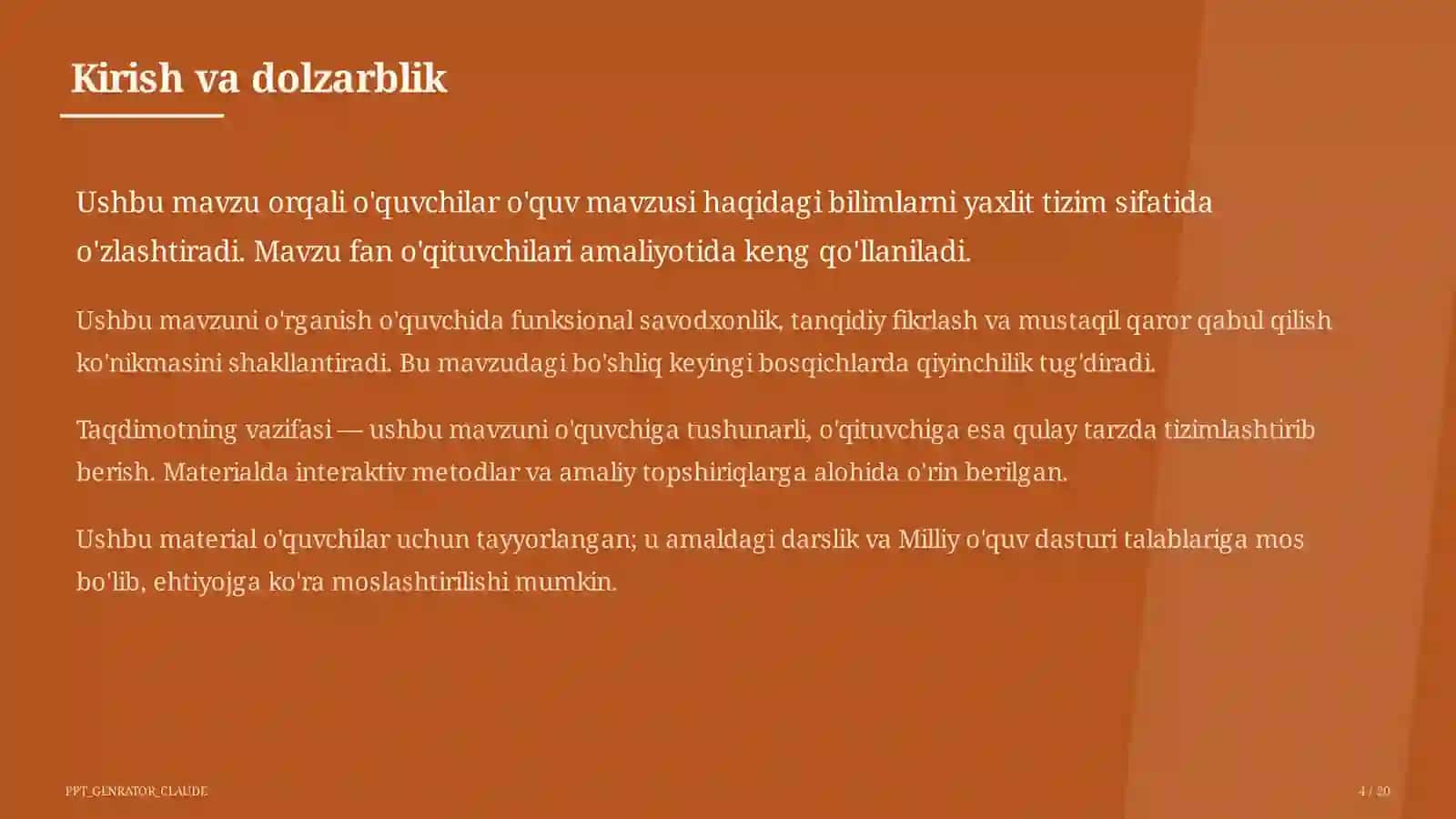 Dolzarb mavzular — maktab va o'qituvchilar (2026) — o'quvchilar uchun 4