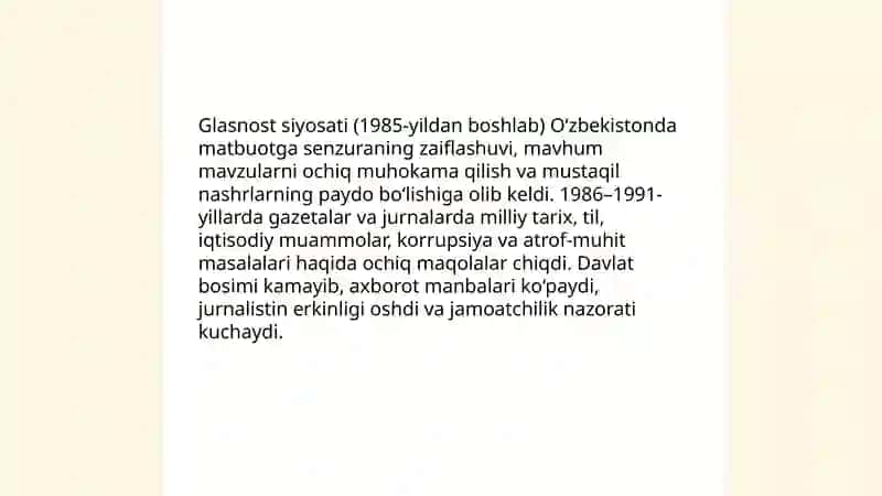 Qayta qurish yillarida O’zbekistondagi ijtimoiy- siyosiy vaziyat mavzusida test tuzish 4