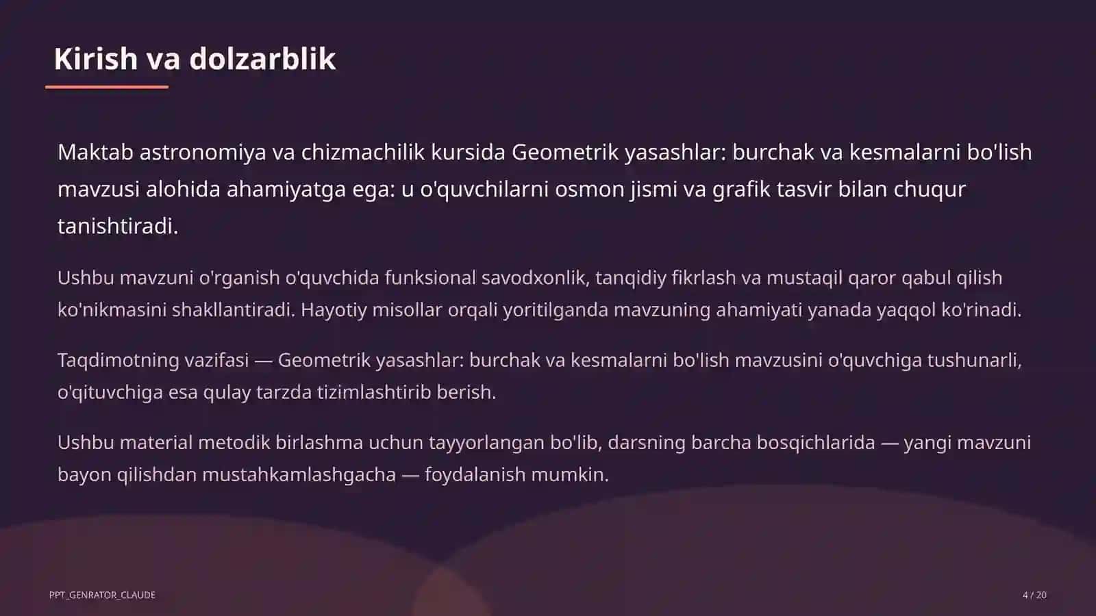 Geometrik yasashlar: burchak va kesmalarni bo'lish (8-sinf) 4