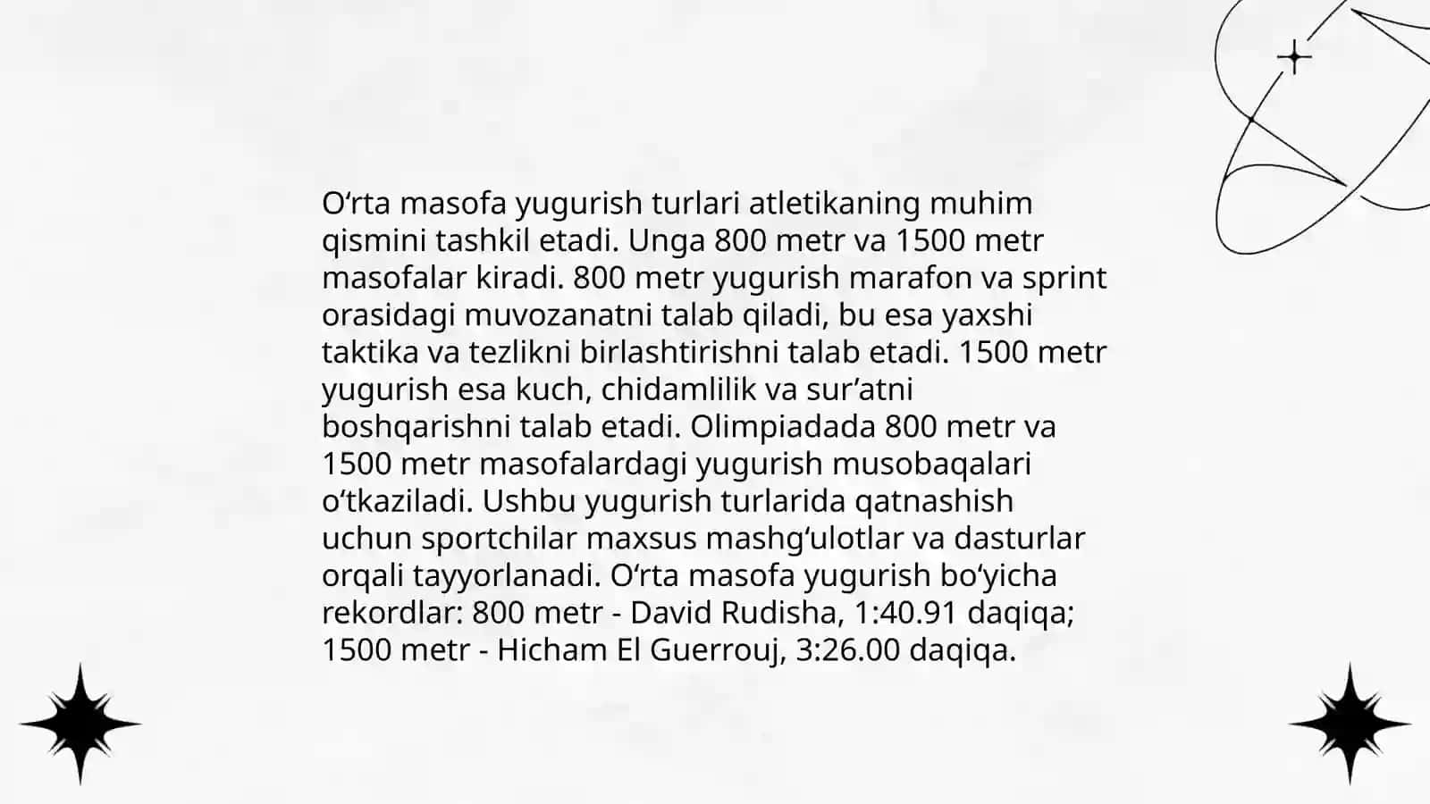 Yengil atletika. Oʻrta masofa va uning turlari haqida tushunchalarni chuqurlashtirish. Qizlar 500 metr erkaklar 1000 metrga yugurish 4