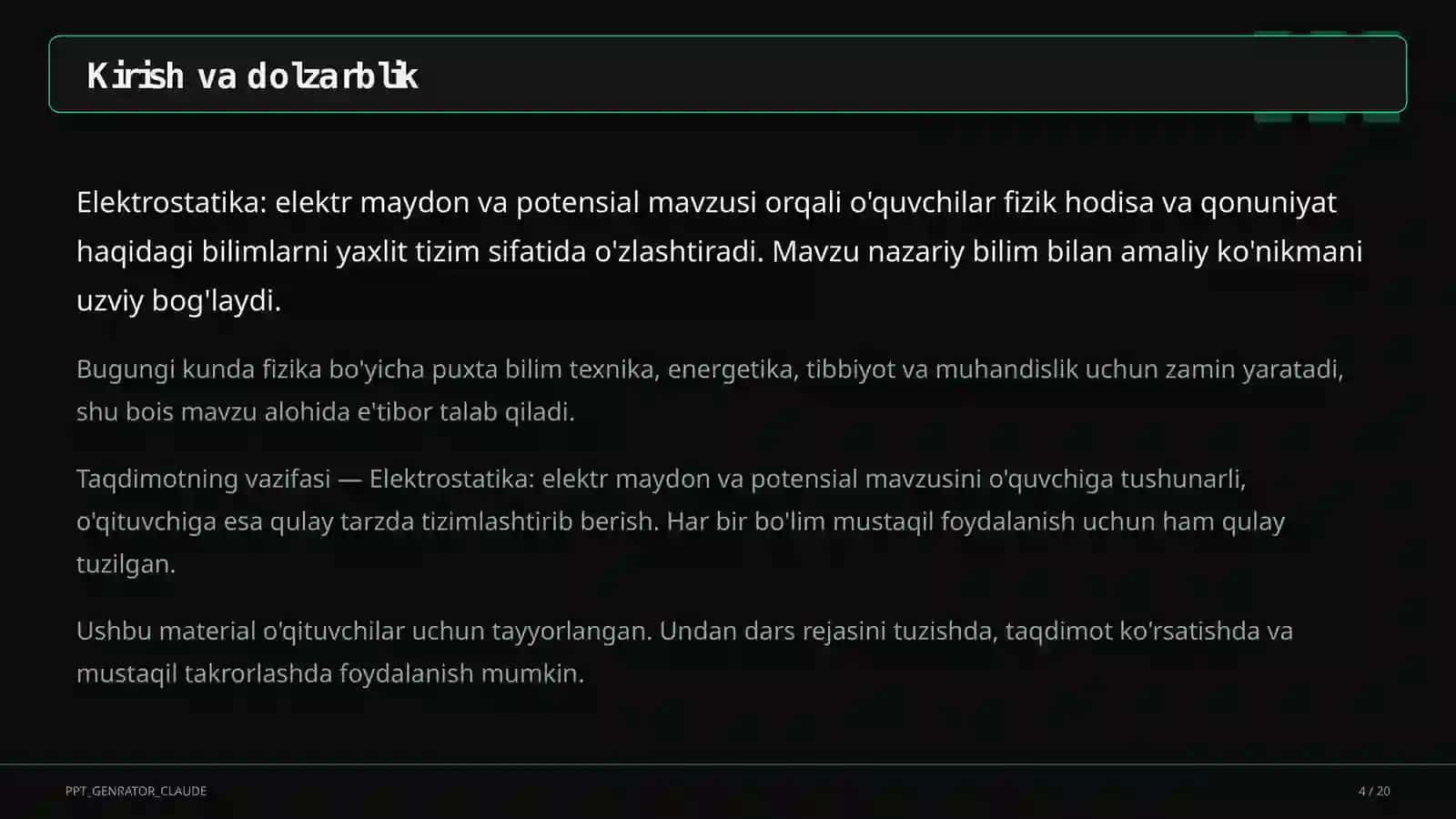 Elektrostatika: elektr maydon va potensial (10-sinf) 4