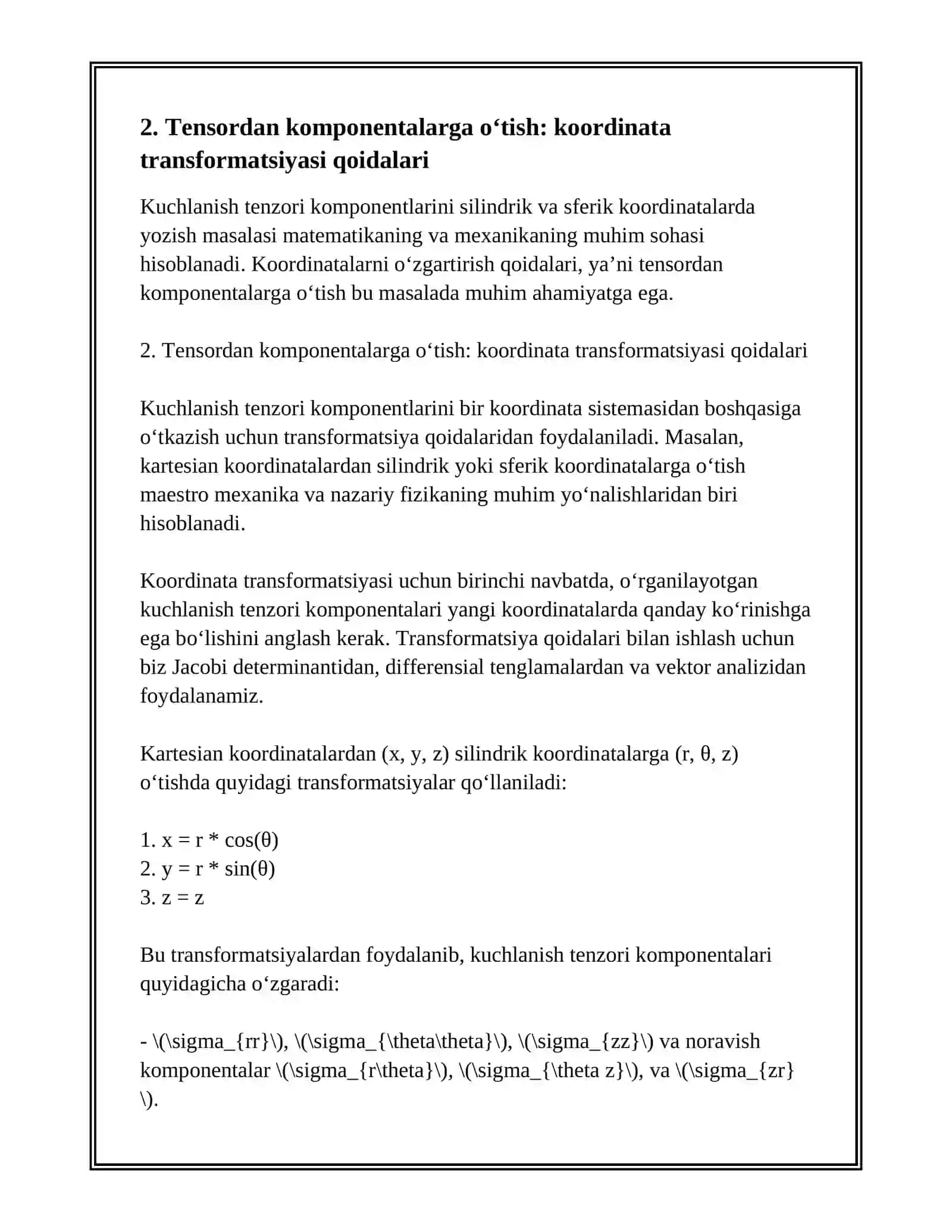 KUCHLANISH TENZORI KOMPONENTLARINI SILINDRIK VA SFERIK KOORDINATALARDA YOZILISHI 4