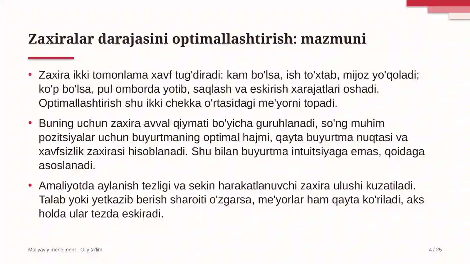 yoqilg'i quyish shoxobchalarida tovar moddiy zaxiralar darajasini optimallashtirish 4385 4