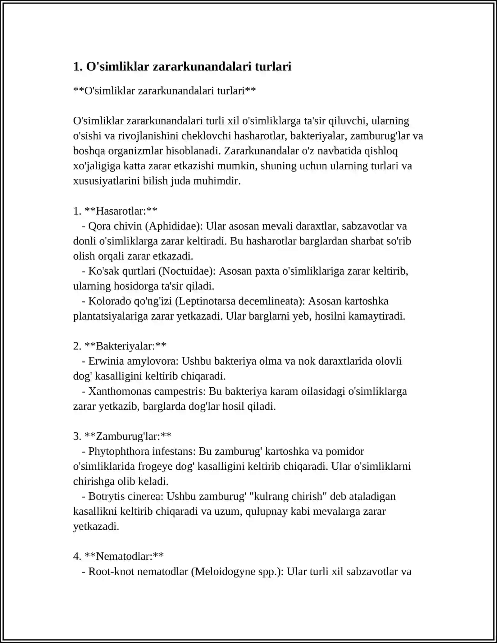 OʻSIMLIKLAR ZARARKUNANDALARI — MADANIY OʻSIMLIKLARNI ZARARLAYDIGAN YOKI ULARNI NOBUD QILADIGAN JONIVORLAR. UMURTQALI HAYVONLARNING SUT EMIZUVCHILAR SINFI, AYNIQSA, KEMIRUVCHILAR TURKUMIGA MANSUB OʻSIMLIKLAR ZARARKUNANDALARI KOʻP. UMURTQASIZ HAYVONLARDAN QORINOYOQLI MOLLYUSKALARNING AYRIM TURLARI, NEMATODALAR SINFIDAN YUMALOQ CHUVALCHANGLARNING KOʻPCHILIGI OʻSIMLIKLARNI ZARARLAYDI 4