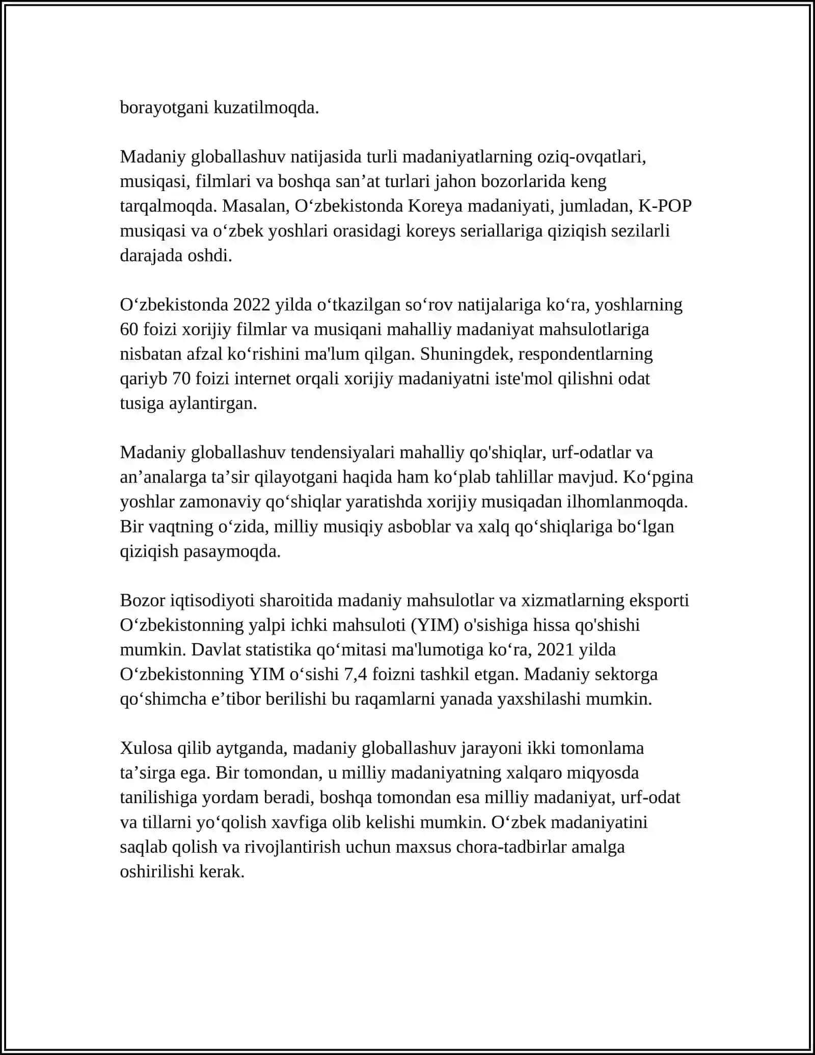 MUSTAQIL ISH Mavzu: MADANIY GLOBALLASHUVNING SALBIY VA IJOBIY TOMONLARI 4