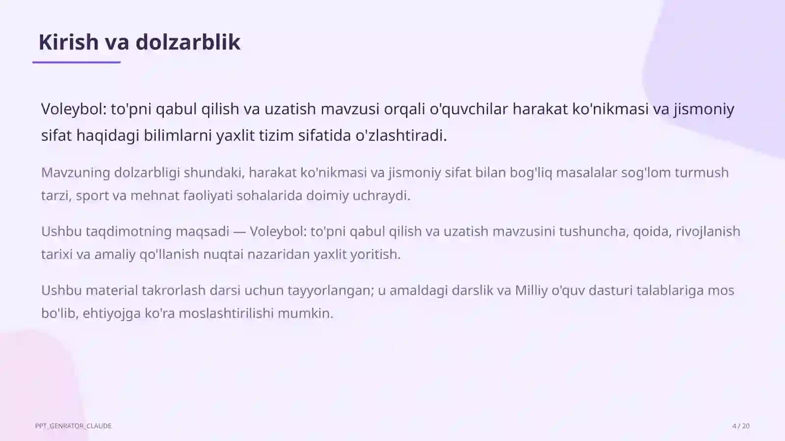 Voleybol: to'pni qabul qilish va uzatish (5-sinf) 4