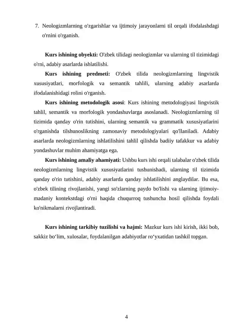 "NEOLOGIZMLARNING LINGVISTIK TADQIQI" KURS ISHI 4