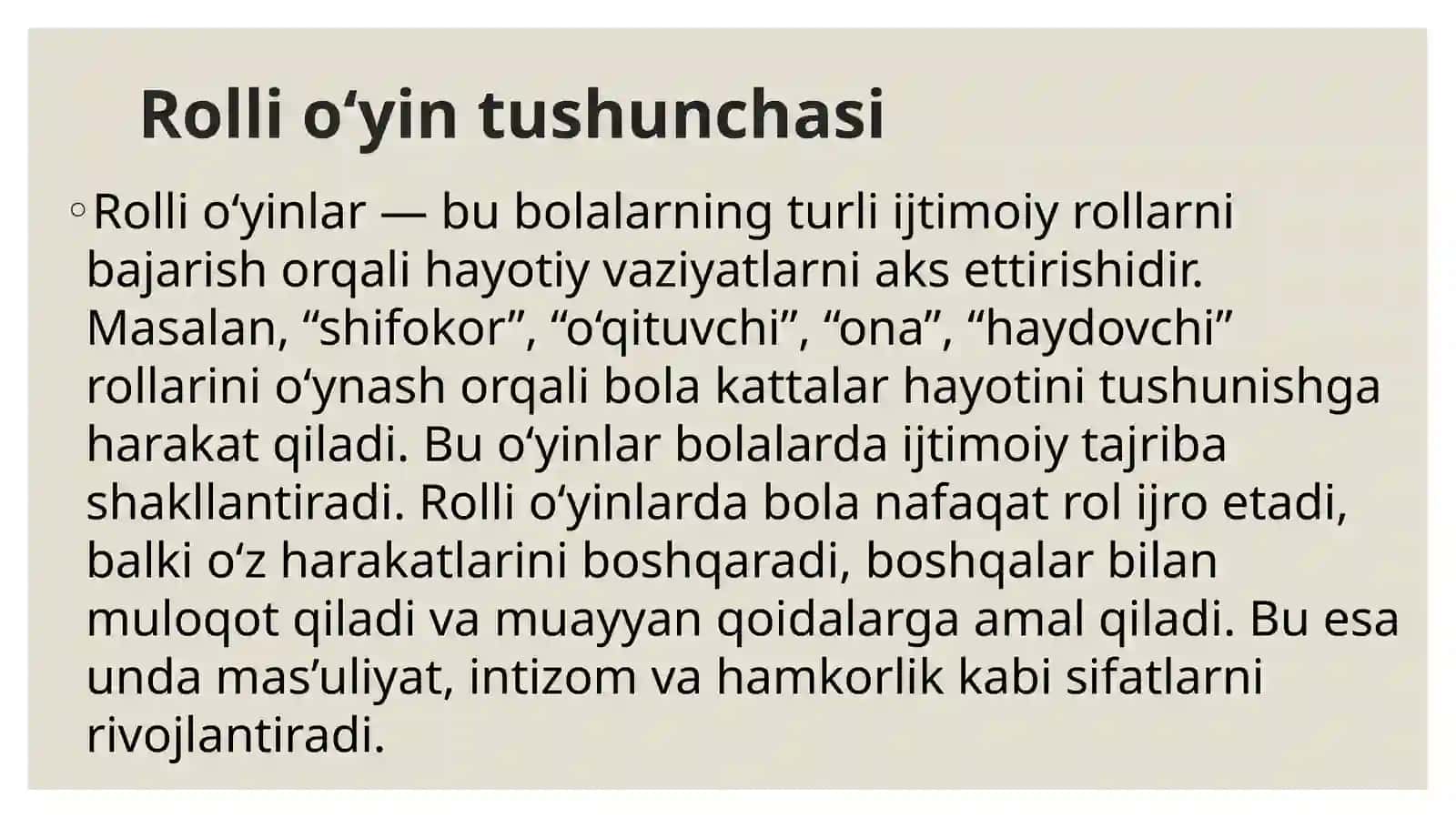 Maktabgacha yoshdagi bolalarning rivojlanishi uchun mavzuni rivojlantiruvchi rolli o’yinlar va drama 4
