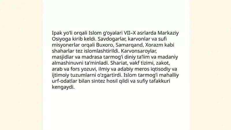 Markaziy Osiyoga islomning kirib kelishi va ijtimoiy-manaviy tarbiyadagi oʻzgarishlar 4