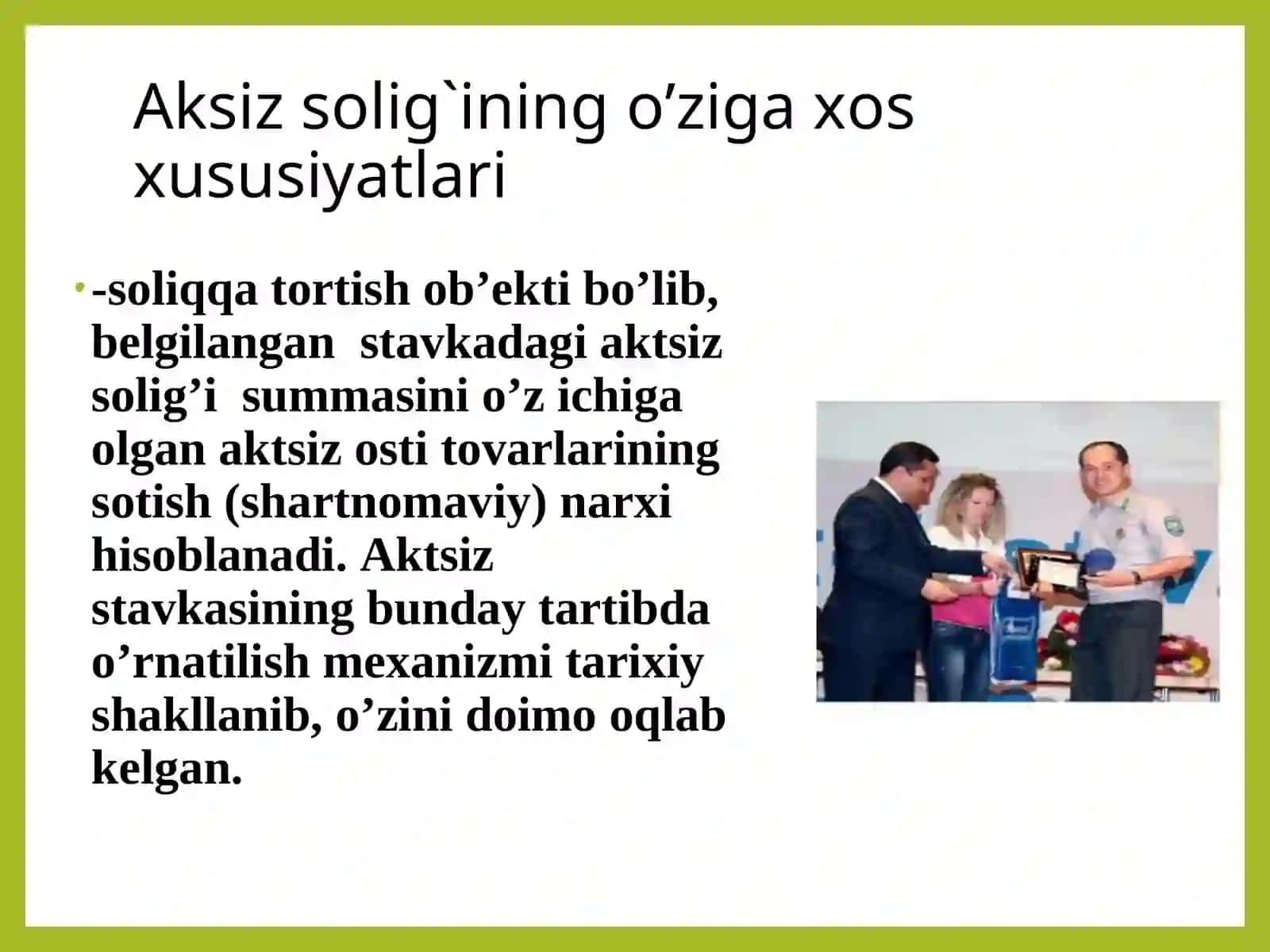AKSIZ SOLIG`I TO`LOVCHILARI TARKIBI VA SOLIQ SOLISH OB'EKTI 4