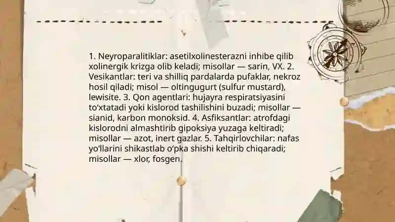 Kimyoviy qurol.Zaxarli moddalarning tasnifi.Kimyoviy vaziyatni baholash 4