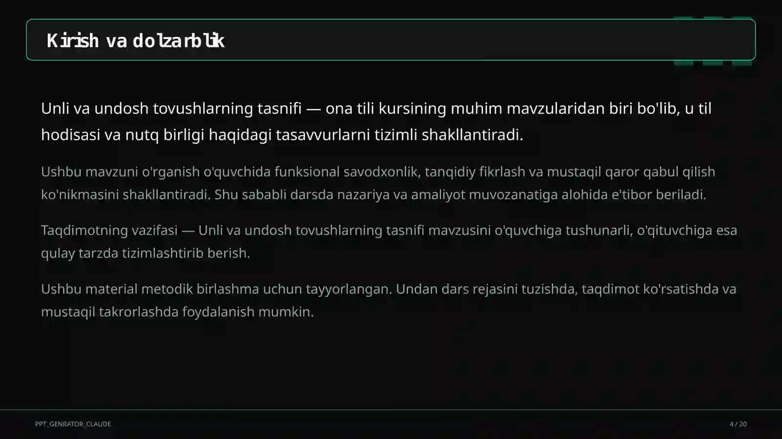 Unli va undosh tovushlarning tasnifi (5-sinf) 4