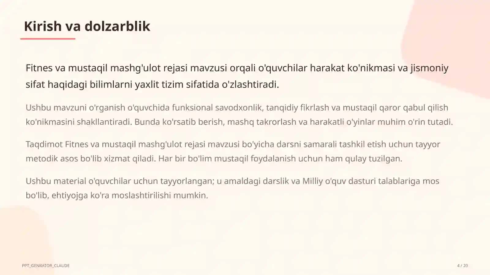 Fitnes va mustaqil mashg'ulot rejasi (11-sinf) 4