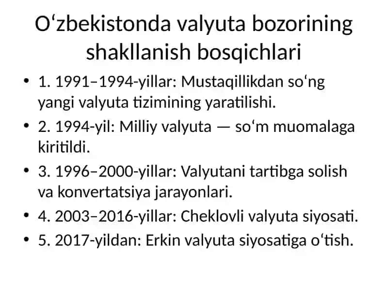 O‘zbekiston Respublikasi valyuta bozorining shakllanishi va rivojlanishi 4