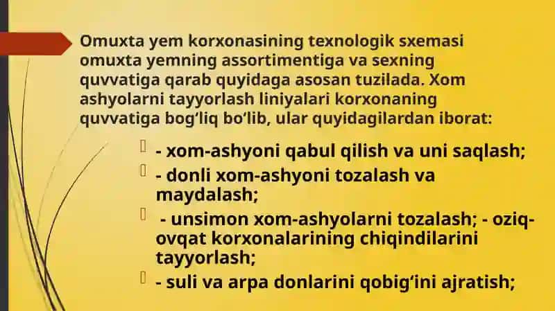 Omuxta yem korxonasida texnologik jarayonlarning sxemasini tuzish. 4