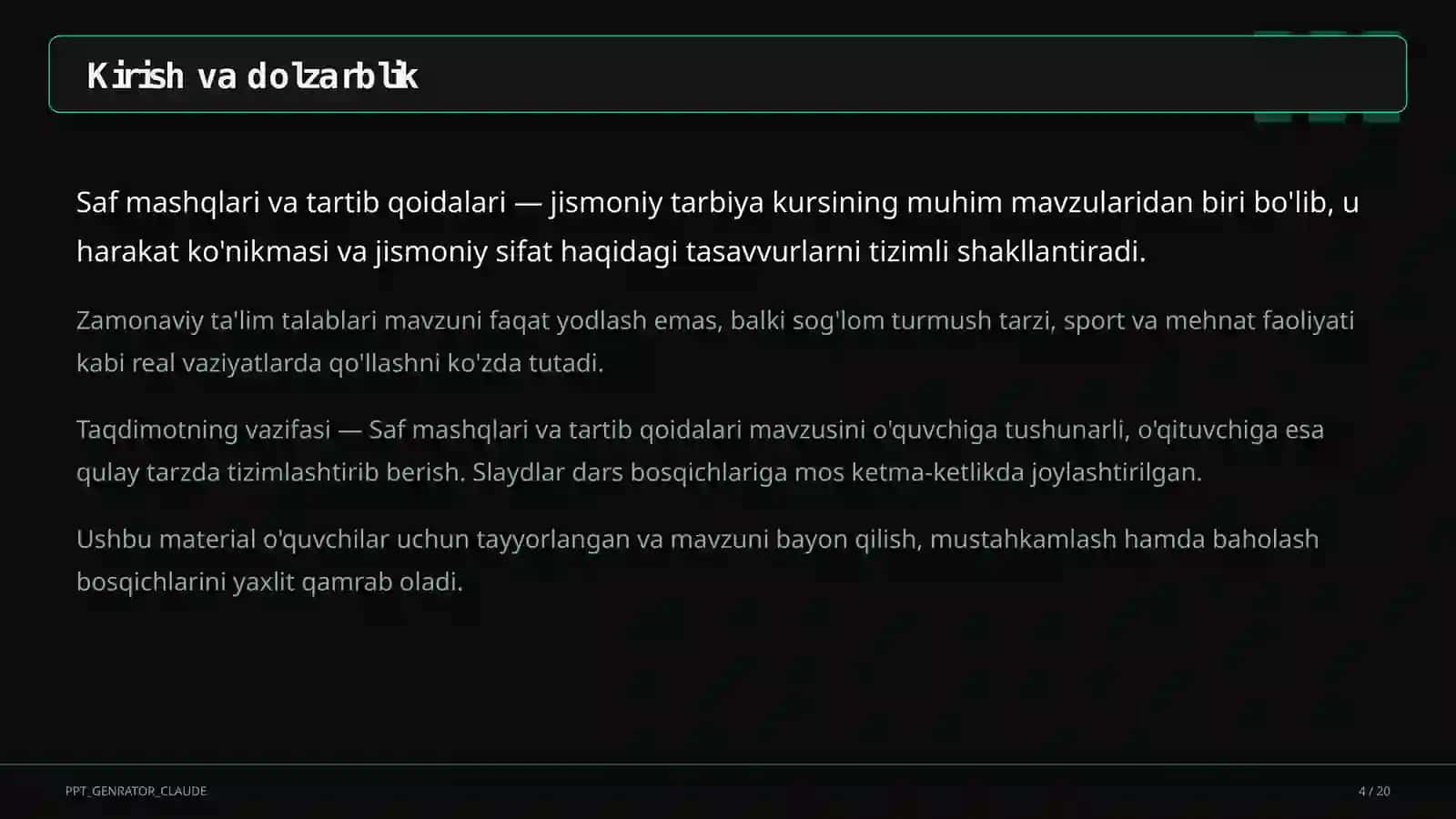 Saf mashqlari va tartib qoidalari (1-sinf) 4