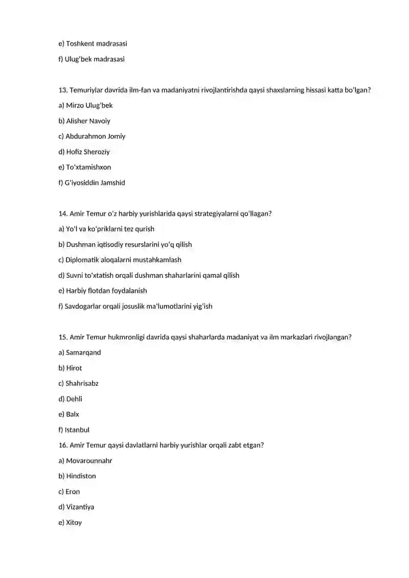Temuriylar tarixi test 4