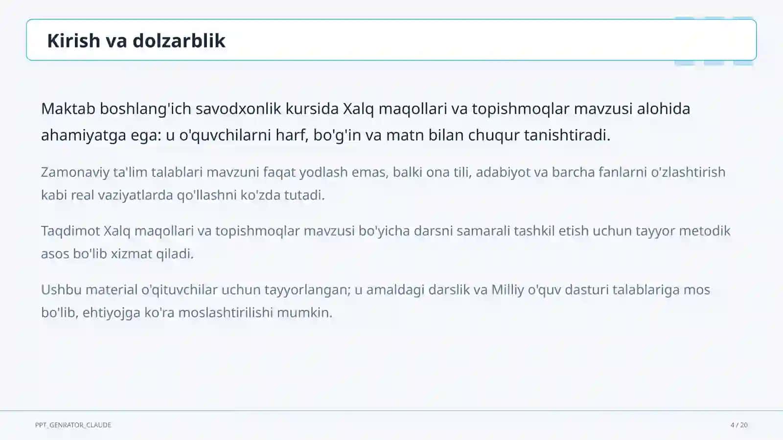 Boshlang'ich sinf: Ona tili va o'qish (1–4) — o'qituvchilar uchun 4