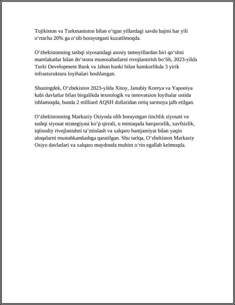O'ZBEKISTON MARKAZIY OSIYO TINCHLIK VA BARQARORLIKNI TA'MINLASHDAGI O'RNI 4