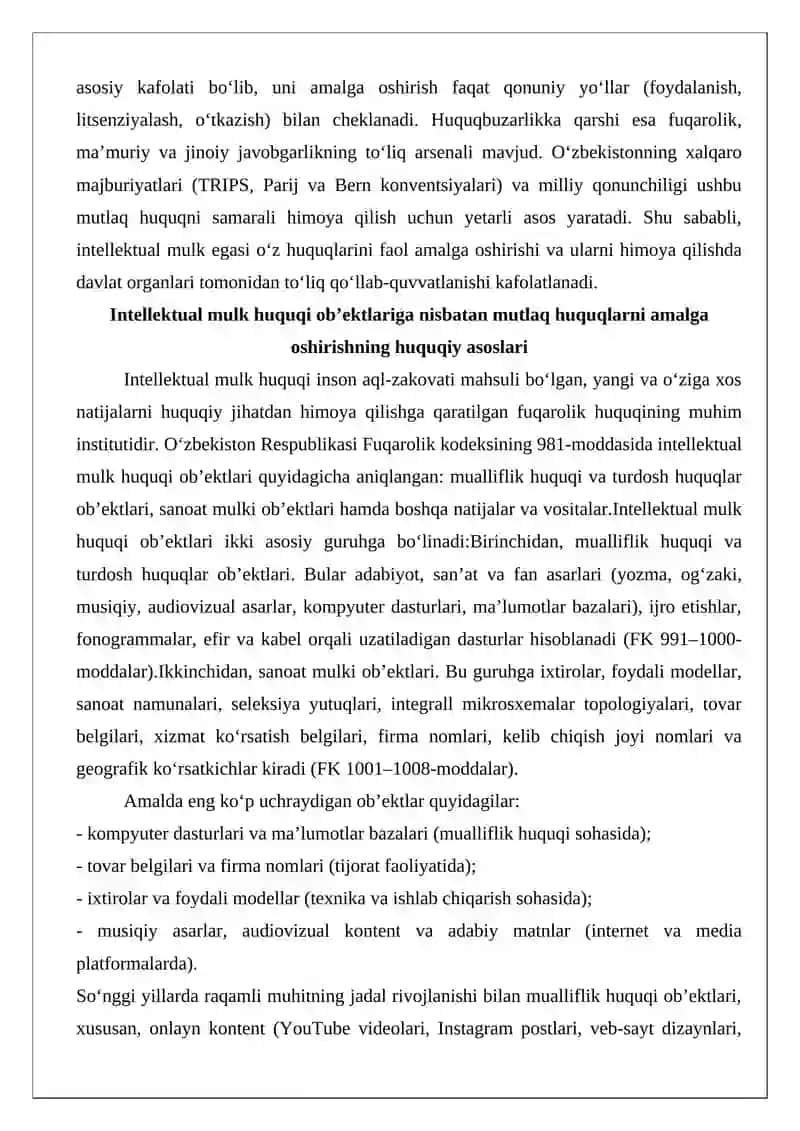 Intellektual mulk huquqi ob’ektlariga nisbatan mutlaq huquqlarni amalga oshirishning huquqiy asoslari 4