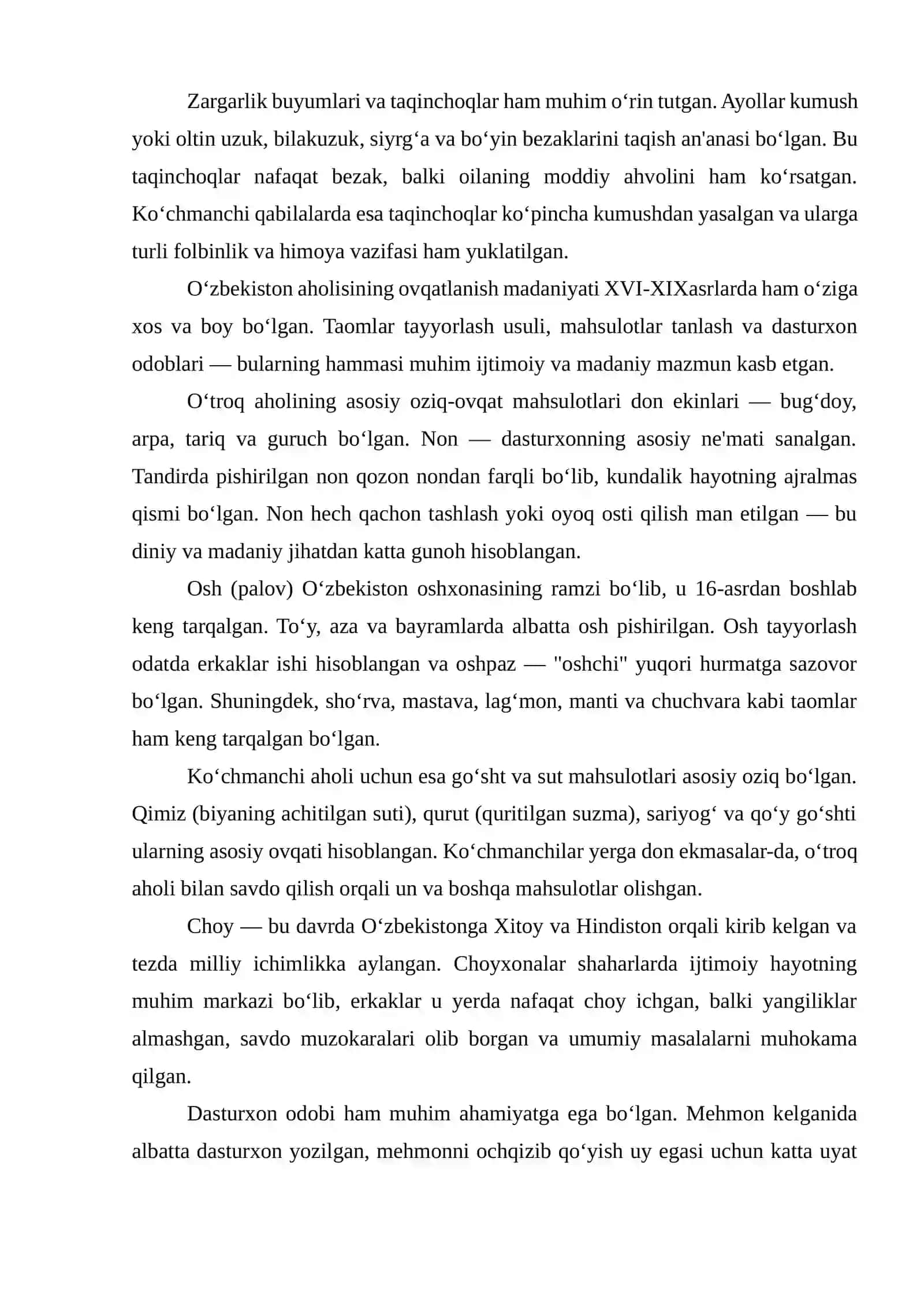 XVI-XIX ASRLARDA O‘ZBEKISTON AHOLISINING MAISHIY TURMUSH TARZI 4