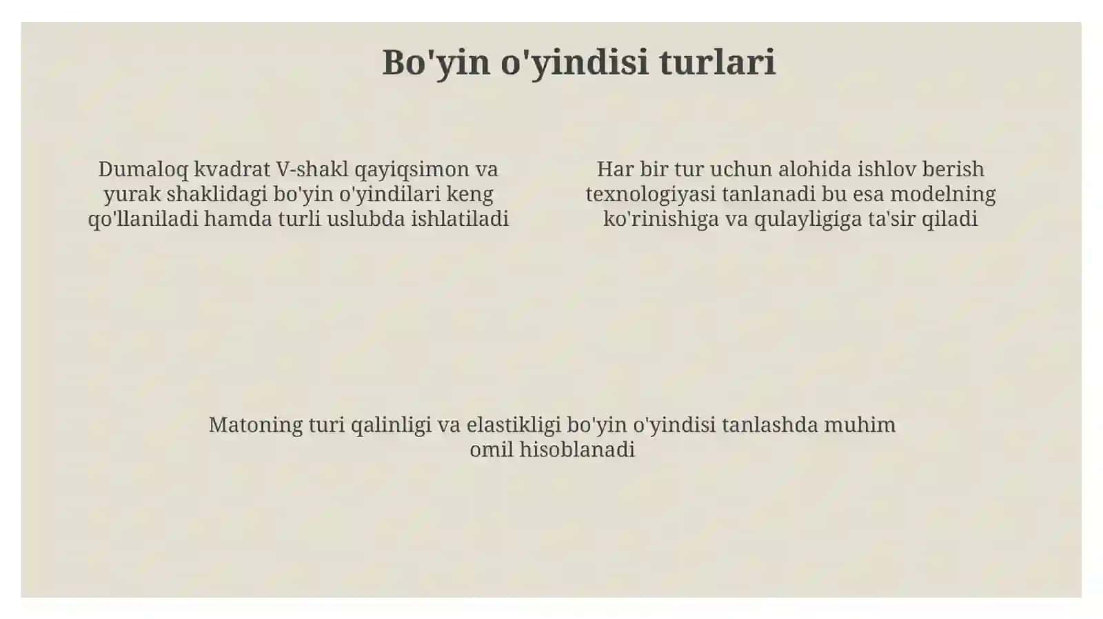 Ayolar kiyimlarning bo'yin o'yindilariga ishlov berish namunalarini tayyorlash 4