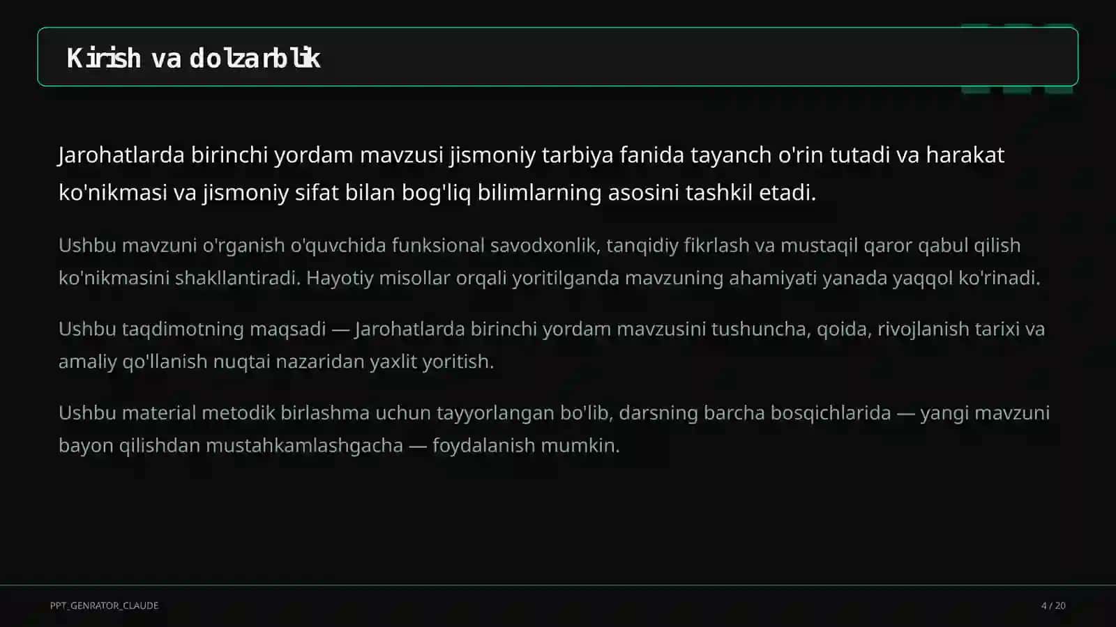 Jarohatlarda birinchi yordam (9-sinf) 4