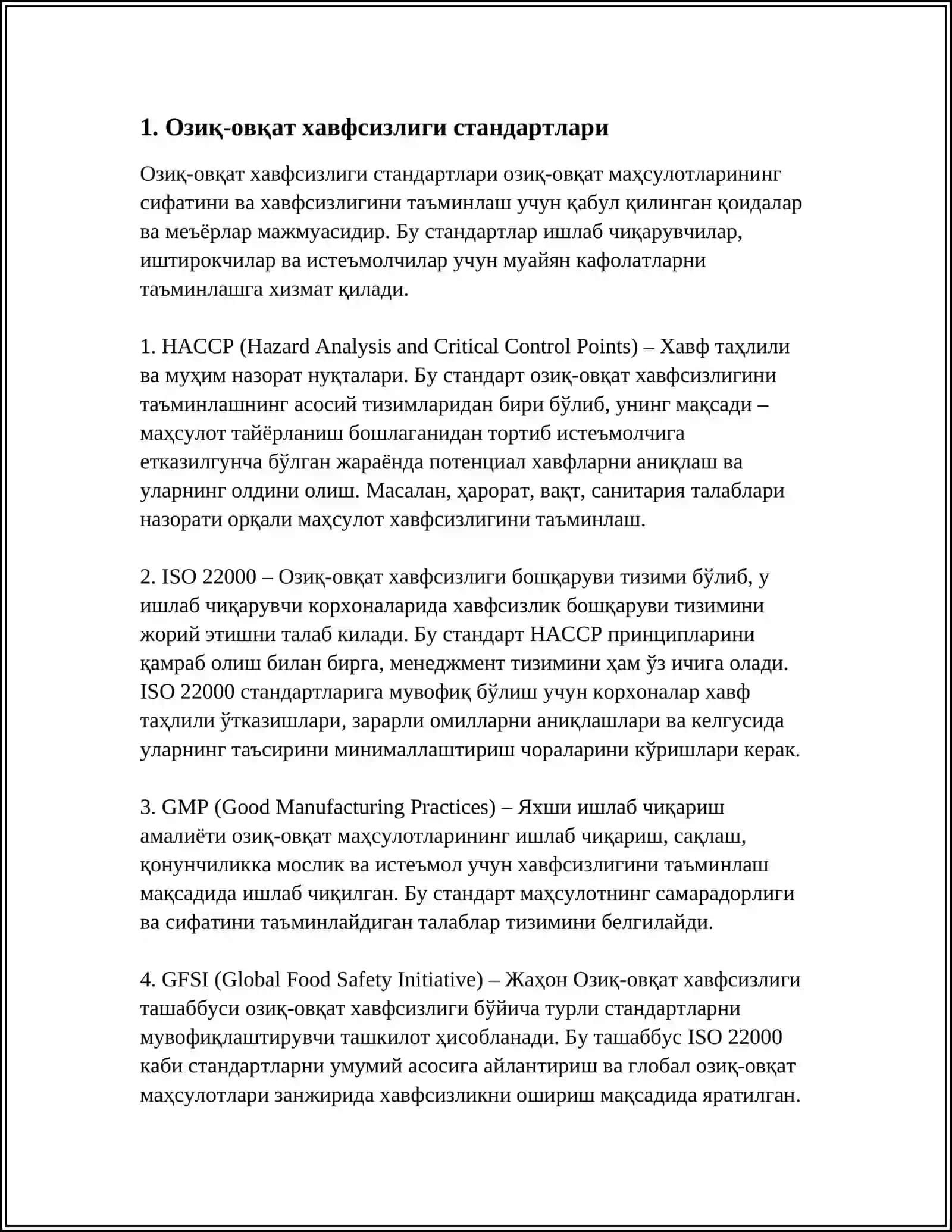 ОЗИҚ-ОВҚАТ МАҲСУЛОТЛАРИ ХАВФСИЗЛИГИНИ БОШҚАРИШ ТИЗИМЛАРИ - ОЗИҚ-ОВҚАТ МАҲСУЛОТЛАРИ ЯРАТИШ ЗАНЖИРИДА ИШТИРОК ЭТАЁТГАН ТАШКИЛОТЛАРГА ҚЎЙИЛАДИГАН ТАЛАБЛАР 4