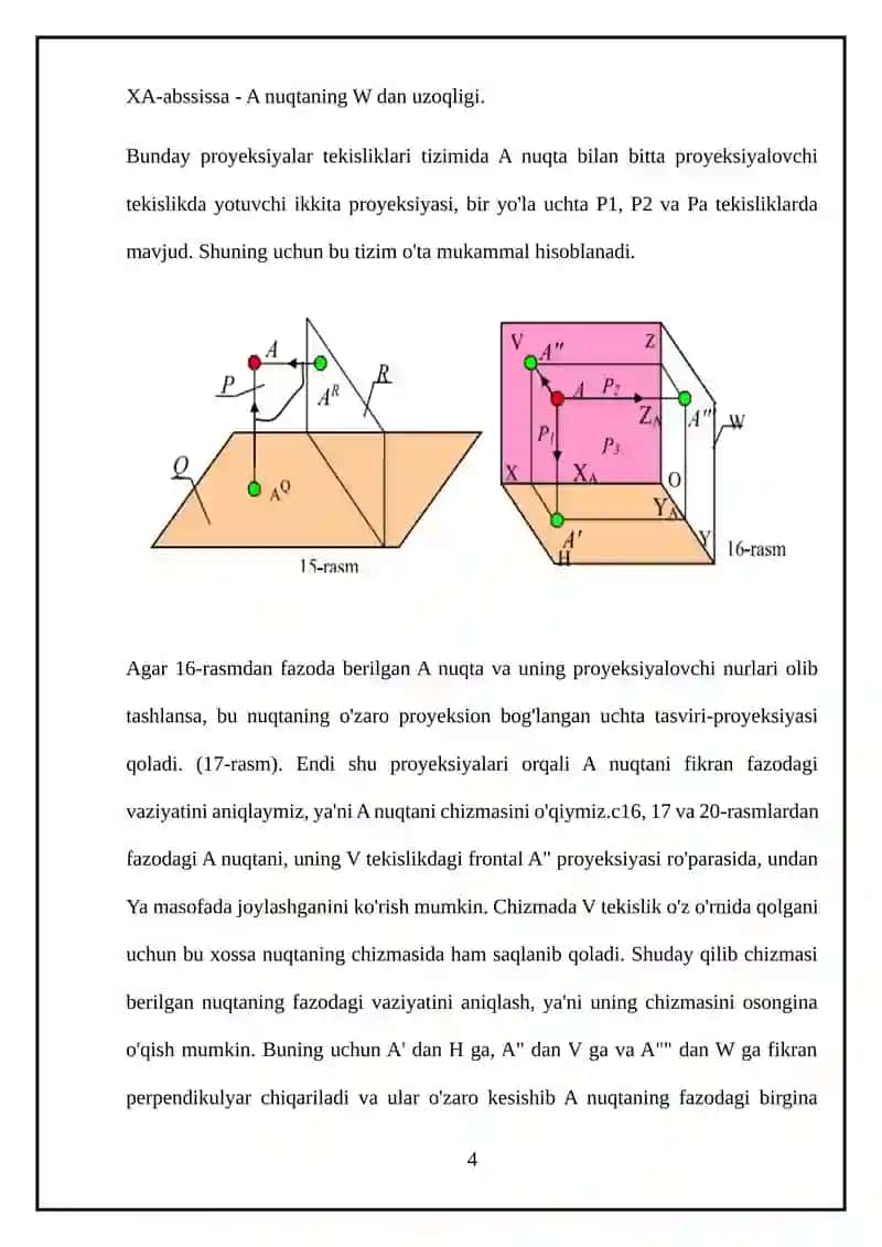 Nuqtaning tekis chizmasini tuzish,chorakdagi nuqtalarning proyeksilarni OX o`qiga nisbatan joylashuvi 4