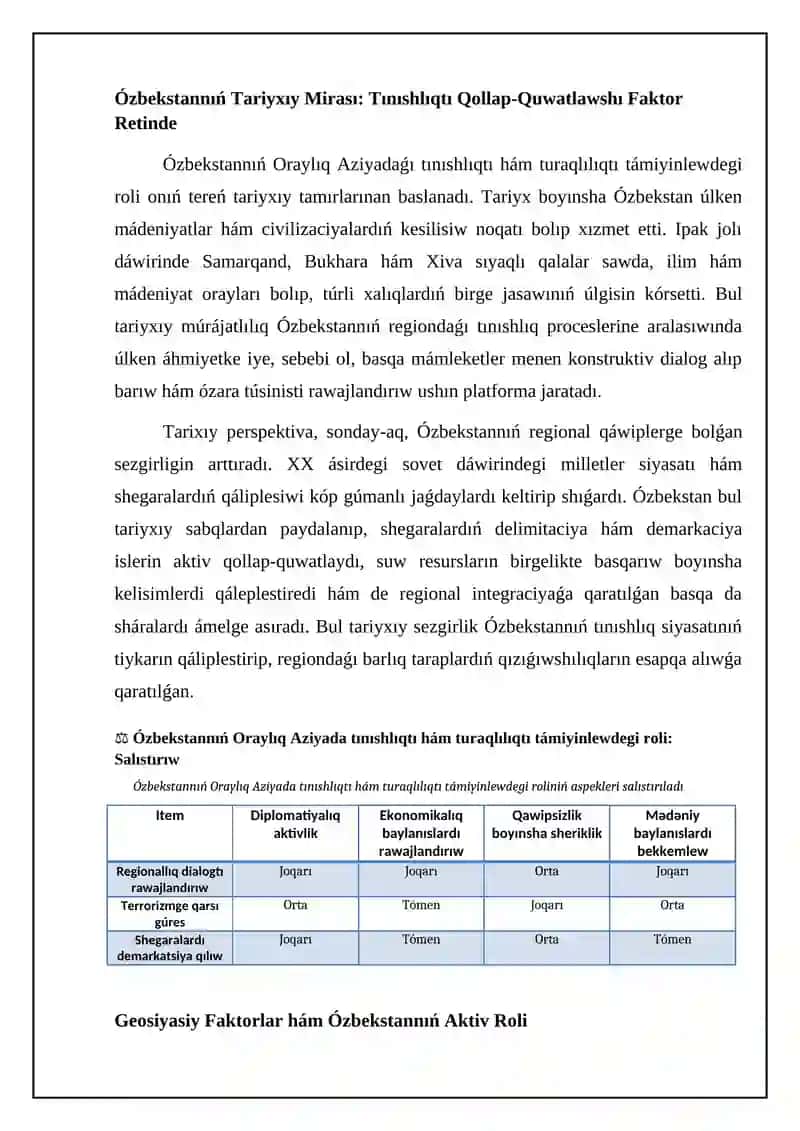 O'zbekstannin' Oraylıq Aziyada tınıshlıq ha'm turaqlılıqtı ta'miyinlewdegi ornı 4