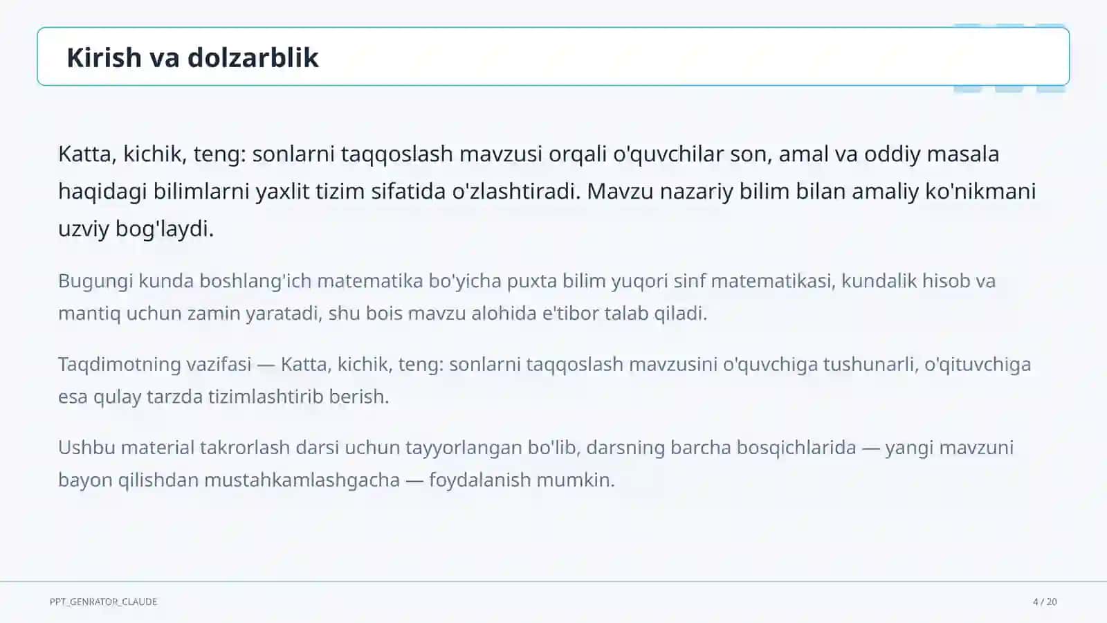 Katta, kichik, teng: sonlarni taqqoslash (1-sinf) 4