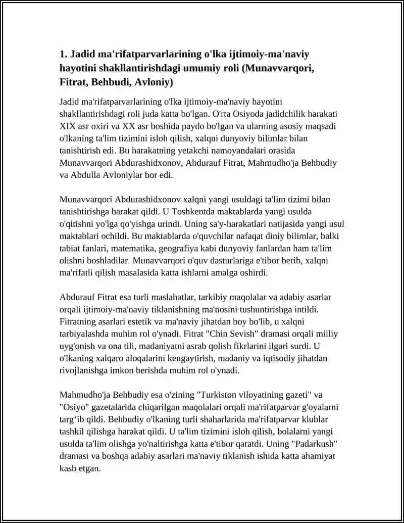 JADID MA'RIFATPARVARLARINING O'LKA IJTIMOIY - MA'NAVIY HAYOTIDA TUTGAN O'RNI(MUNAVVARQORI, FITRAT, BEHBUDIY, AVLONIY VA BOSHQALAR) 4