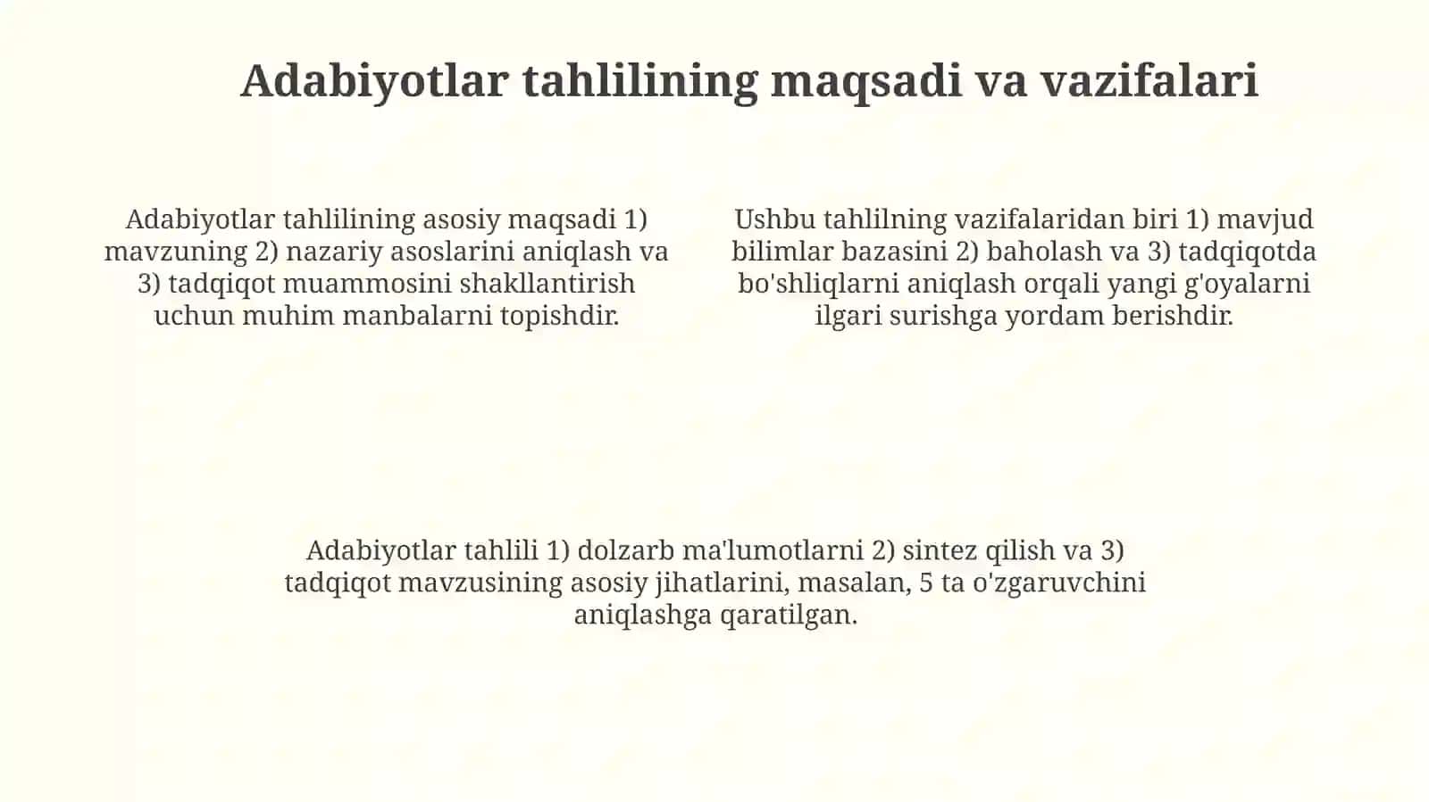 Mustaqil ravishda mavzuga oid darslik, o'quv va metodik qo'llanmalarni o'rganish va tahlil qilish 4