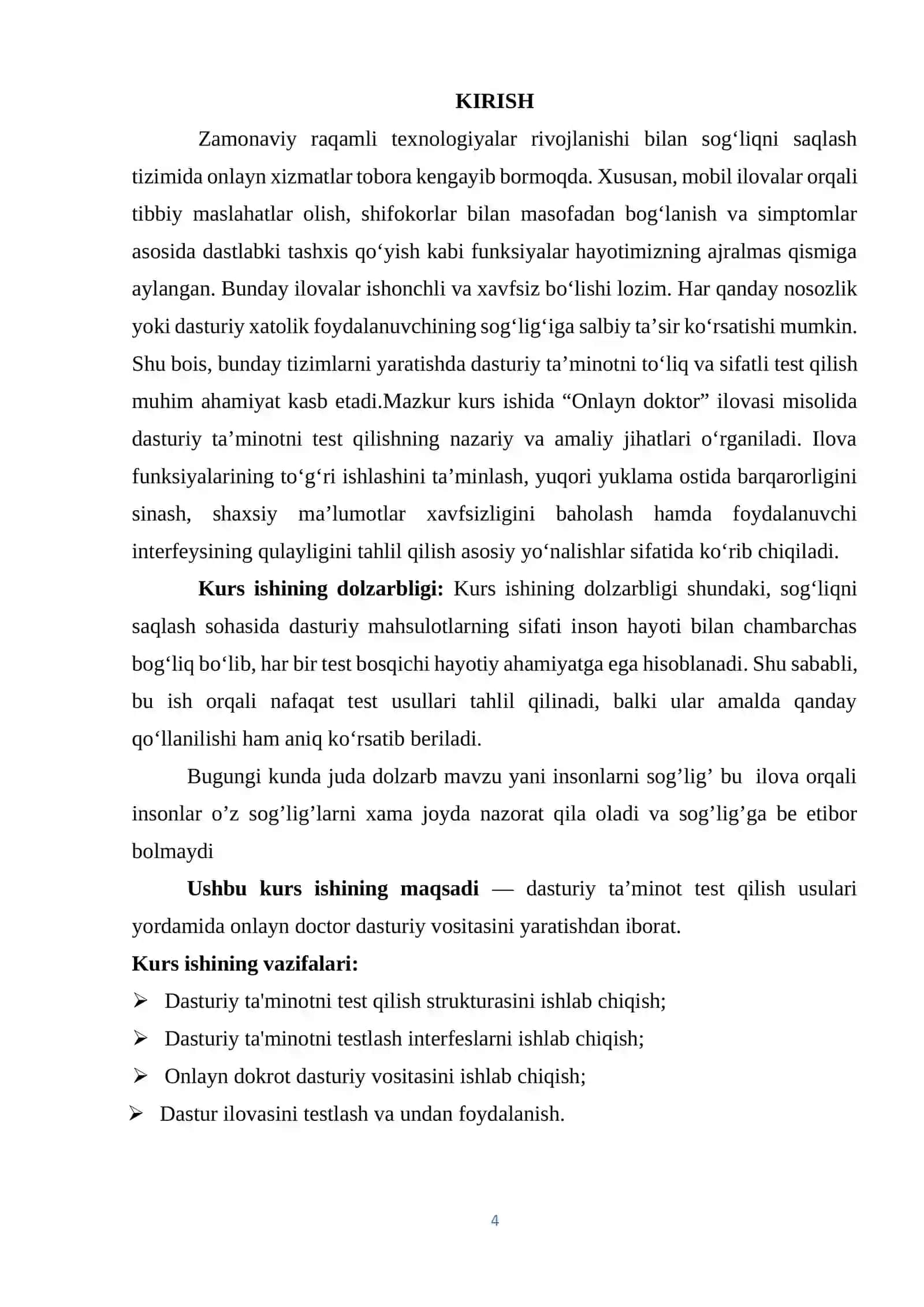 "Dasturiy ta'minotni test qilish usullari: Onlayn doktor ilovasi misolida" 4