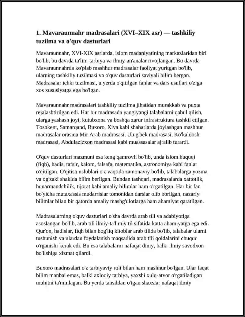 Mavaraunnahr madrasalari (XVI–XIX asr) — tashkiliy tuzilma va o'quv dasturlari 4