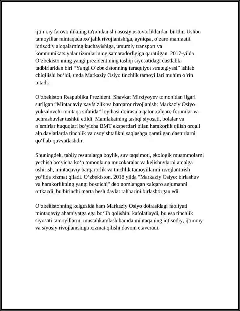 O'ZBEKISTONNING MARKAZIY OSIYODA TINCHLIK VA BARQARORLIK TA'MINLASHDAGI O'RNI 4